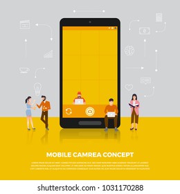 Flat design concept camera mobile. Group people develop icon camera mobile device. Vector illustrate.