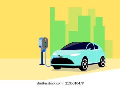 Flat design concept.EV Car Charging at station.Electric vehicle charging technology vector illustration,Isolate background.