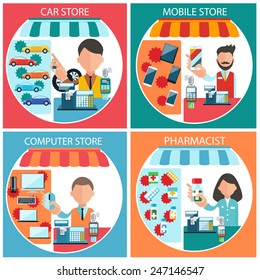 Flat design concept of car, mobile, pharmacist and computer store wit item icons on four multicolor banners