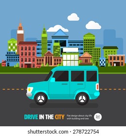 Flat design concept car on the road with city background.Vector illustrate.