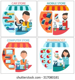 Flat design concept of car shop, mobile store, pharmacist and computer store with item icons isolated on four white banners. Dealer man and woman at the cash register