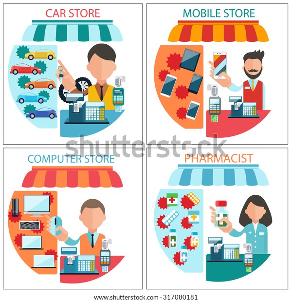 Flat design concept of car\
shop, mobile store, pharmacist and computer store with item icons\
isolated on four white banners. Dealer man and woman at the cash\
register