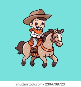 Flat Design Concept, Cartoon Vector Icon of a Young Child Riding a Horse