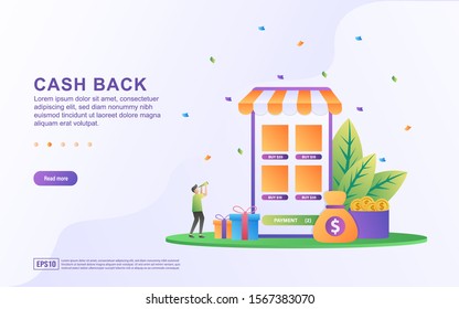 Flat design concept of Cash Back. People get prizes from online shop transactions, cash back programs for loyal customers. Can use  for web landing page, marketing material, mobile app, web banner.