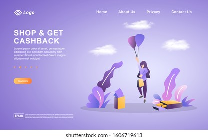 Flat design concept of Cash Back. People get prizes from online shop transactions, cash back programs for loyal customers. Can use for web landing page, marketing material, mobile app, web banner.