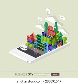Flat design concept the city and business people on the Mobile. Vector Illustrate.