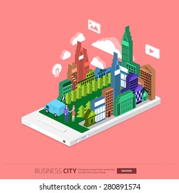 Flat design concept the city and business people on the Mobile. Vector Illustrate.