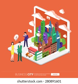 Flat design concept the city and business people on the Laptop. Vector Illustrate.