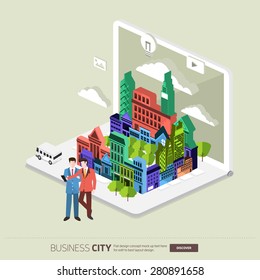 Flat design concept the city and business people on the Laptop. Vector Illustrate.