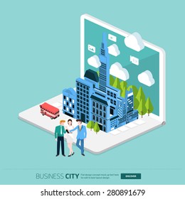 Flat design concept the city and business people on the Laptop. Vector Illustrate.