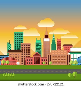 Flat design concept city landscape have sky, tree, road, and building.Vector illustrate.