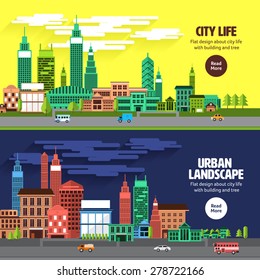 Flat design concept city landscape have sky, tree, road, and building.Vector illustrate.