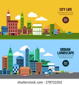 El concepto de diseño plano del paisaje urbano tiene cielo, árbol, carretera y edificio.