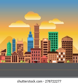 Flat design concept city landscape have sky, tree, road, and building.Vector illustrate.
