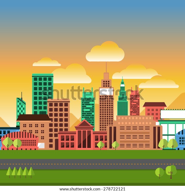 Flat design concept city\
landscape have sky, tree, road, and building.Vector\
illustrate.