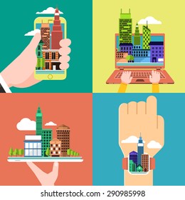 Flat design concept city on the device smartphone,laptop, tablet and smart watch.