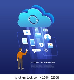 Flat design concept cloud computing technology users network configuration isometric. Vector illustration.