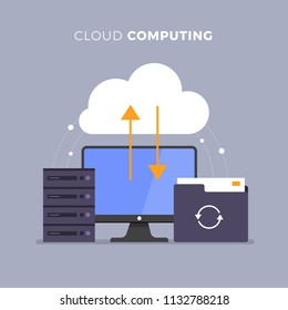 Flat design concept cloud computing. Technology of database information services. Vector illustrations.