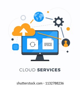 Flat design concept cloud computing. Technology of database information services. Vector illustrations.