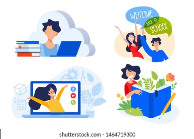 Flat design concept of cloud education and apps, books, back to school. Vector illustration for website banner, marketing material, presentation template, online advertising.