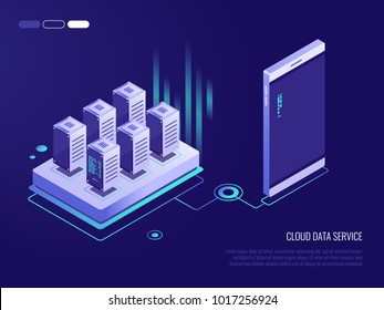 Flat design concept of cloud service and mobile devices with long shadows. Process of upload and download. 3d isometric vector illustration on dark blue background Flat design concept of cloud service and mobile devices with long shadows. Process of upload and download. 3d isometric vector illustration on dark blue background