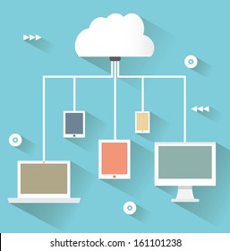 Flat design concept of cloud service and mobile devices with long shadows. Process of upload and download - vector illustration