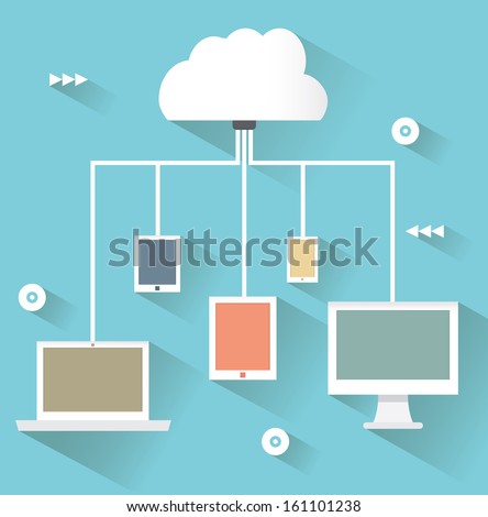 Flat design concept of cloud service and mobile devices with long shadows. Process of upload and download - vector illustration