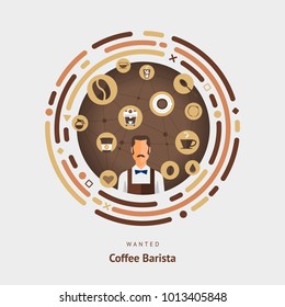 Flat design concept coffee barista. Man and icon coffee equipment in cafe. Vector illustrator.