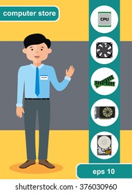 Flat design concept of computer store, sale of computers, laptops and components: motherboard, RAM, cooler, hard disk, cpu, video card