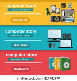 Flat design concept of computer store, sale of computers, laptops, components: motherboard, RAM, cooler, hard disk, cpu, video card, software. Electronics store, retail computer, computer shop