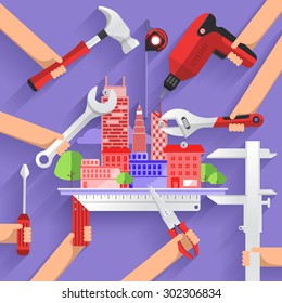 Flat design concept construction building tower with tools. Vector illustrate.