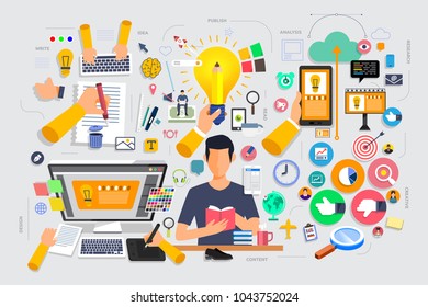 Flat design concept content marketing process start with idea, topic, writing, design and get feedback. Vector illustrate.