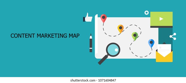 Flat design concept - of Content marketing map, content publication, sharing, promotion vector illustration with icons