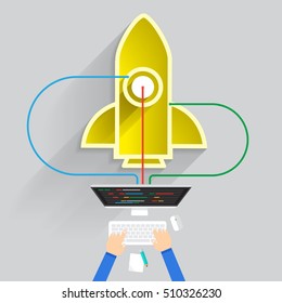 Flat design concept create or buil startup business with symbol rocket. Illustrate vector.