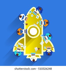 Flat design concept create or buil startup business with symbol rocket. Illustrate vector.