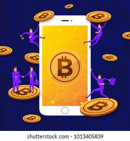 Flat design concept crypto currency bitcoin. easy management on mobile like payment, trade, or wallet transfer. Vector illustrate.