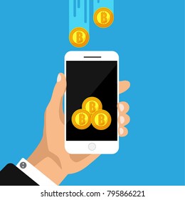 Flat design concept of cryptocurrency technology, bitcoin exchange, mobile banking. Hand holding smartphone with bitcoi coming. Vector illustration. Isolated.