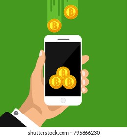 Flat design concept of cryptocurrency technology, bitcoin exchange, mobile banking. Hand holding smartphone with bitcoi coming. Vector illustration. Isolated.