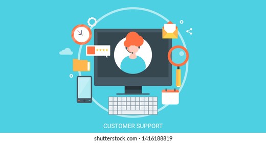 Flat design concept, Customer support, Online help, Customer care helpline, vector banner with icons