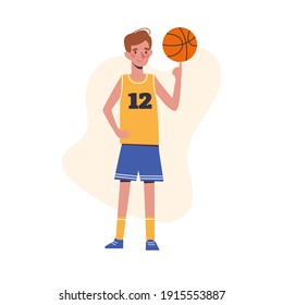 Concepto de diseño plano con una tierna bola giratoria en el dedo. Un niño pequeño juega al baloncesto. Ilustración del vector aislada en fondo blanco