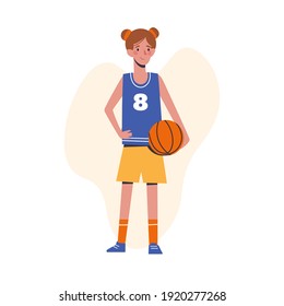 Concepto de diseño plano con un niño lindo con baloncesto. Niña pequeña, jugador de baloncesto. Ilustración del vector aislada en fondo blanco