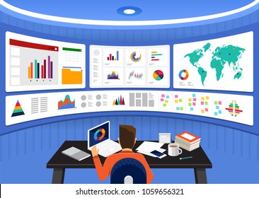 Flat design concept data analysis. Visualize with graph and chart marketing growth. Vector illustration.