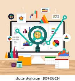 Flat design concept data analysis. Visualize with graph and chart marketing growth. Vector illustration.