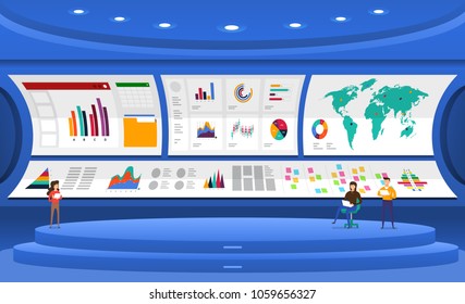 Flat design concept data analysis. Visualize with graph and chart marketing growth. Vector illustration.