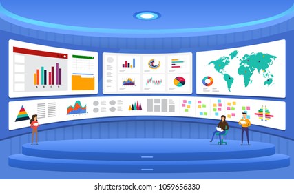 Flat design concept data analysis. Visualize with graph and chart marketing growth. Vector illustration.