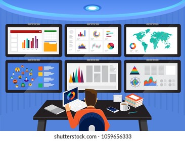 Flat design concept data analysis. Visualize with graph and chart marketing growth. Vector illustration.