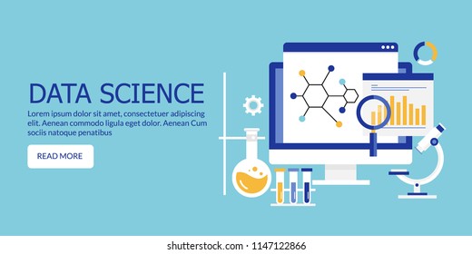 Flat design concept Data Science, Data research, and analysis vector illustration on green background