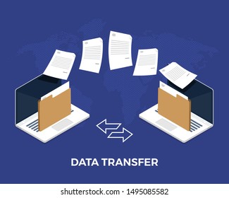 Flat design concept data transfer. Exchange information eith internet cloud technology. Vector illustrate.