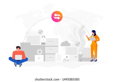 Flat design concept data transfer. Exchange information eith internet cloud technology. Vector illustrate.