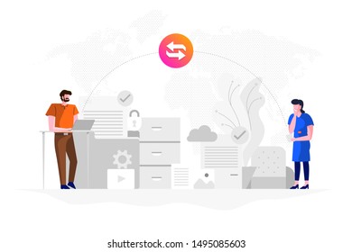 Flat design concept data transfer. Exchange information eith internet cloud technology. Vector illustrate.